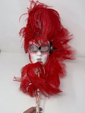 Venetian Red Feather Mask Maschera Del Galeone Italy Handle